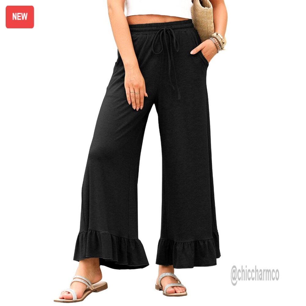 Wide Leg Palazzo Pants High Waisted Drawstring Elastic Ruffle Hem Pockets